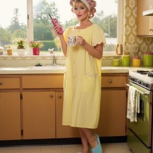 ☀️ NWOT Vintage 60s Yellow House Dress Smock L 🌼